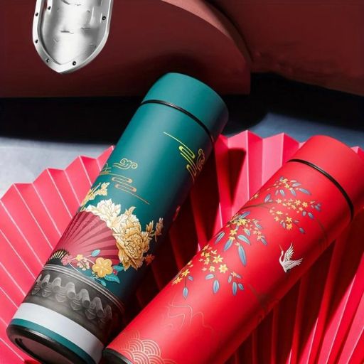 Bouteille isotherme chinoise, vert et rouge motif chinoise traditionnelle