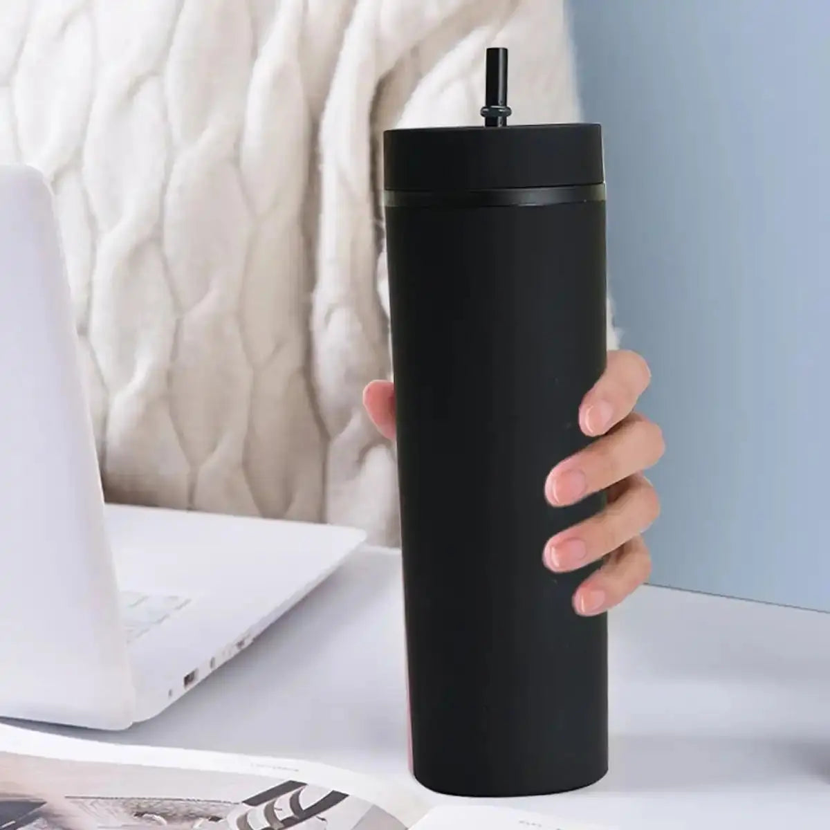 Gobelet Avec Paille Bleu 500ml, petit prix, pas chers, hydratation, double paroi Gourde Bottle®