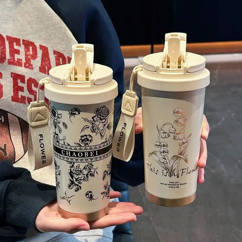 Travel Mug Fleurs 500ml,travel mug nespresso , Flower Coffee Mug 500ml 316 Stainless Steel Vacuum Flask Straw and Directly Drinking Insulated Tumbler Thermal Cup Gourde Bottle®