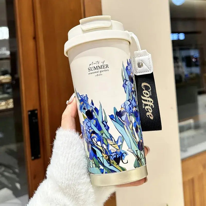 Travel Mug Fleurs 500ml,travel mug nespresso , Flower Coffee Mug 500ml 316 Stainless Steel Vacuum Flask Straw and Directly Drinking Insulated Tumbler Thermal Cup Gourde Bottle®