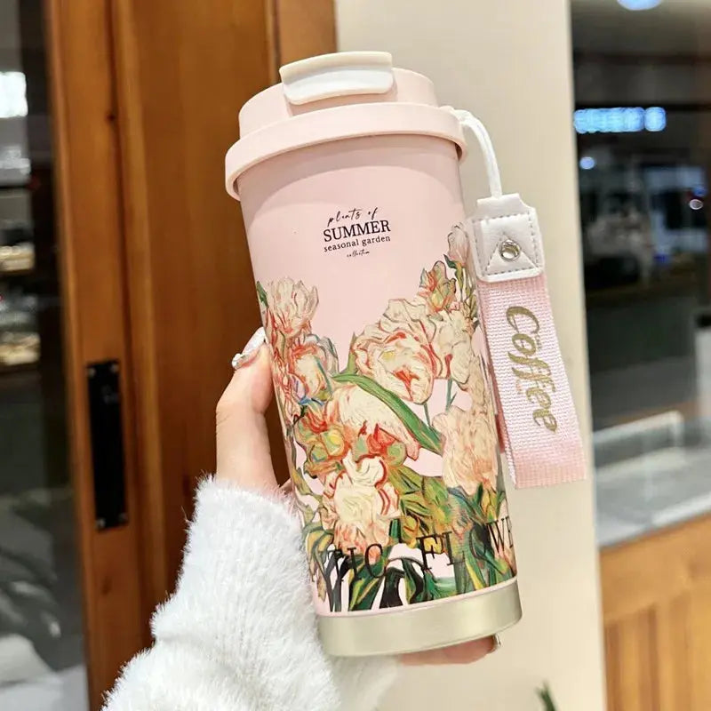 Travel Mug Fleurs 500ml,travel mug nespresso , Flower Coffee Mug 500ml 316 Stainless Steel Vacuum Flask Straw and Directly Drinking Insulated Tumbler Thermal Cup Gourde Bottle®