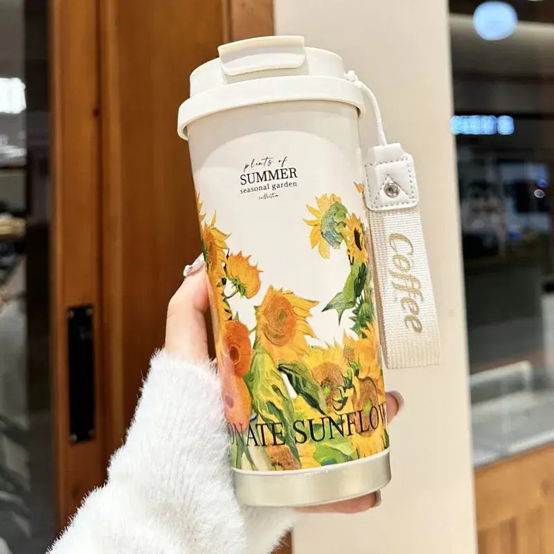 Travel Mug Fleurs 500ml,travel mug nespresso , Flower Coffee Mug 500ml 316 Stainless Steel Vacuum Flask Straw and Directly Drinking Insulated Tumbler Thermal Cup Gourde Bottle®
