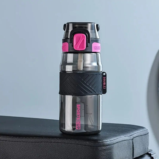 Gourde Sportive Noir et Bordeaux 1 Litre (Graduée) - 1pc Bouteille d'eau de sport portable étanche - 1000ml/800ml/600ml, matériau PC durable, avec bouchon et poignée blancs sécurisés, idéale pour les activités de plei Gourde Bottle®