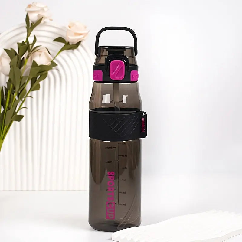 Gourde Sportive Noir et Bordeaux 1 Litre (Graduée) - 1pc Bouteille d'eau de sport portable étanche - 1000ml/800ml/600ml, matériau PC durable, avec bouchon et poignée blancs sécurisés, idéale pour les activités de plei Gourde Bottle®