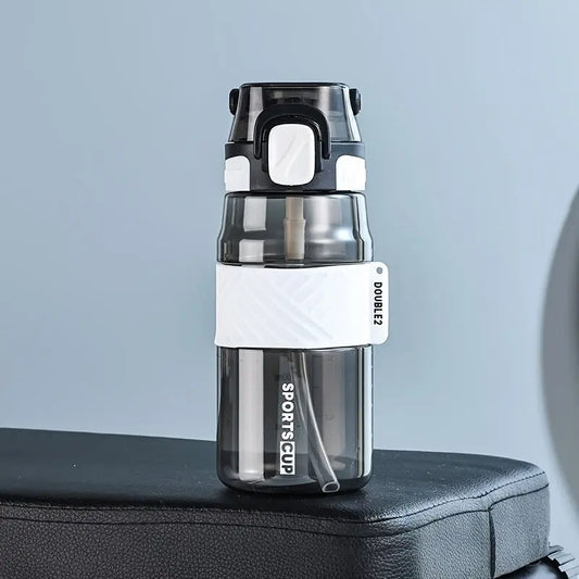 Gourde Sportive Noire 1 Litre (Graduée) - 1pc Bouteille d'eau de sport portable étanche - 1000ml/800ml/600ml, matériau PC durable, avec bouchon et poignée blancs sécurisés, idéale pour les activités de plein air Gourde Bottle®
