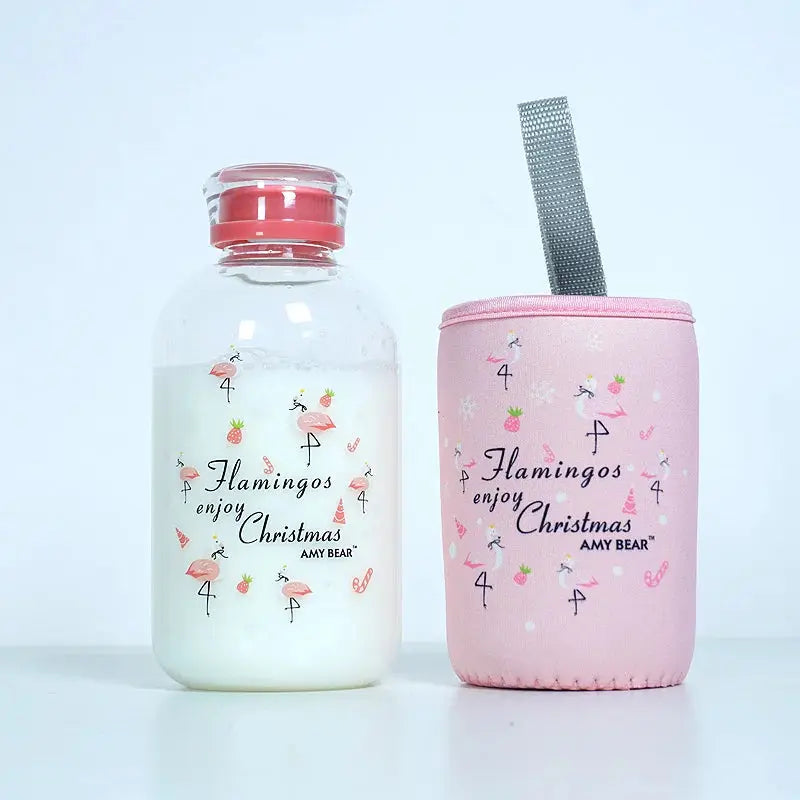 Gourde d'Eau en Verre Borosilicate avec Manchon 600ml, Bouteille en Verre Borosilicate 600ml, Gourde Verre en forme de Manchon, Bouteille D'eau en Verre Animaux 1 Litre Gourde Bottle®