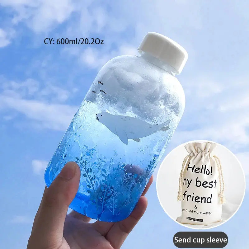 Gourde d'Eau en Verre Borosilicate avec Manchon 600ml, Bouteille en Verre Borosilicate 600ml, Gourde Verre en forme de Manchon, Bouteille D'eau en Verre Animaux 1 Litre Gourde Bottle®