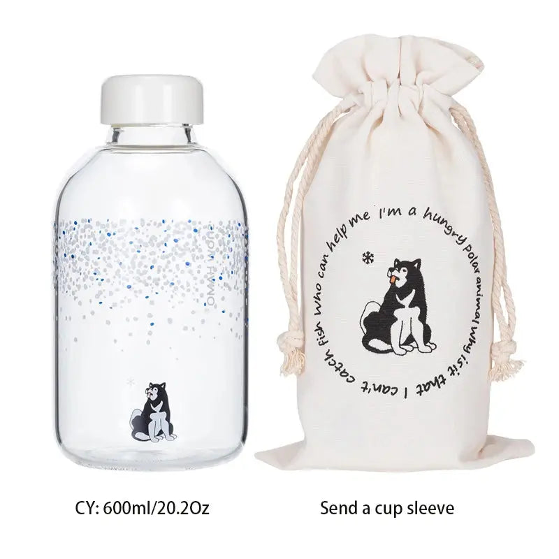 Gourde d'Eau en Verre Borosilicate avec Manchon 600ml, Bouteille en Verre Borosilicate 600ml, Gourde Verre en forme de Manchon, Bouteille D'eau en Verre Animaux 1 Litre Gourde Bottle®