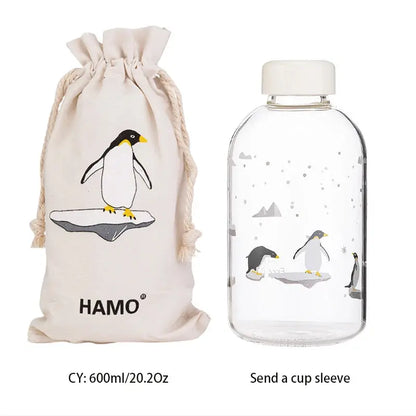 Gourde d'Eau en Verre Borosilicate avec Manchon 600ml, Bouteille en Verre Borosilicate 600ml, Gourde Verre en forme de Manchon, Bouteille D'eau en Verre Animaux 1 Litre Gourde Bottle®